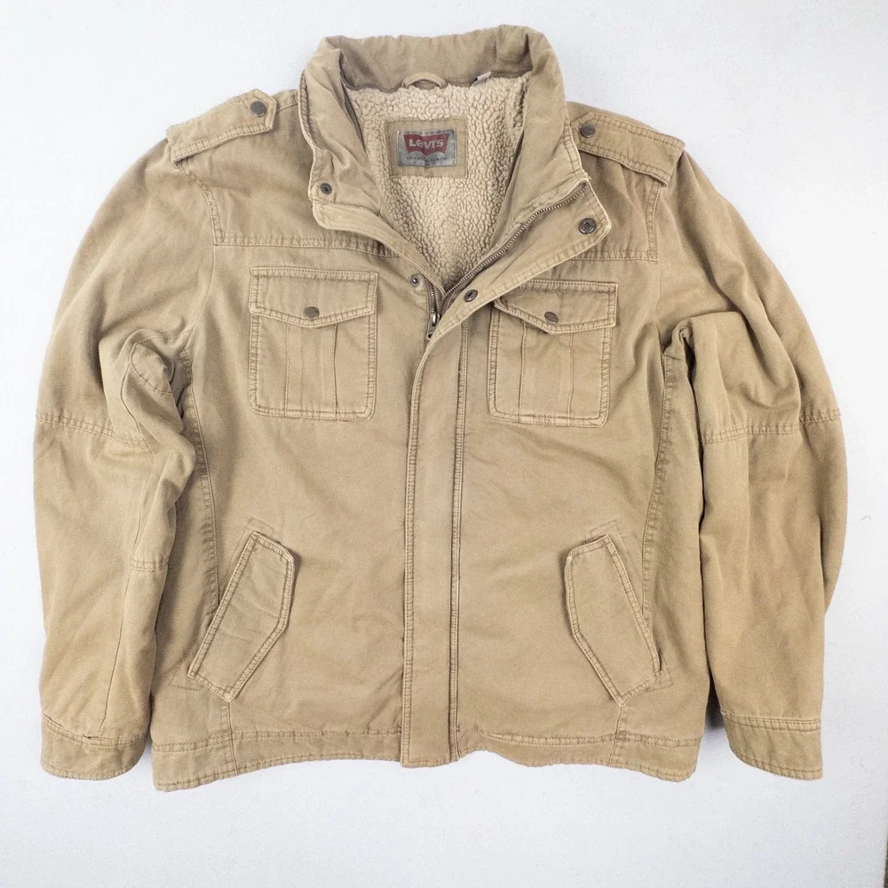 Levis Mens XL Sherpa Lined Field Jacket Tan Cotton Military Utility Coat - Picture 1 of 12